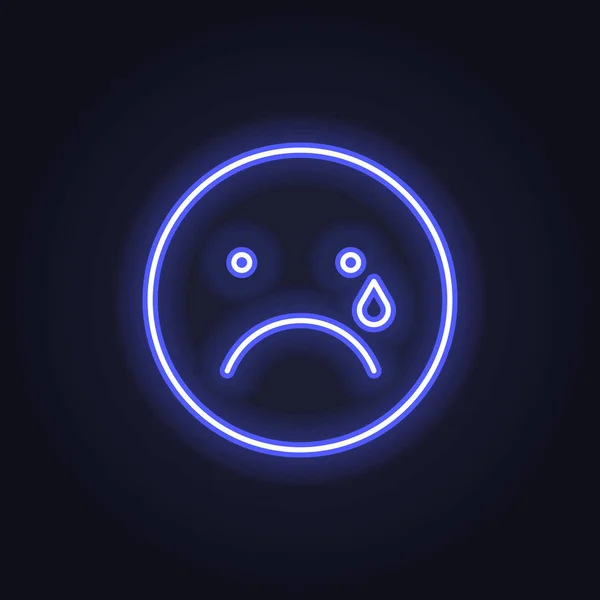 Vector neon icon for mood feedback. Violet crying with tear glowing light emotion smile isolated on black. Emoticon element of UI design for client rating, feedback, survey, social media — Stock Vector