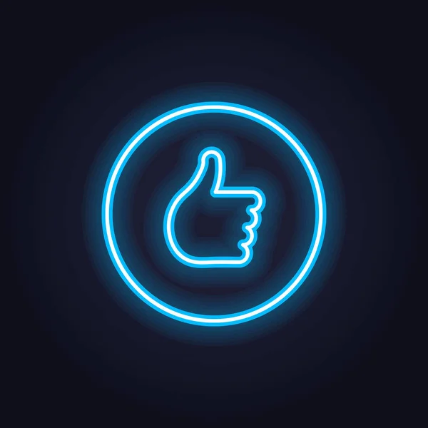 Icône vectorielle néon pour les médias sociaux. Pouces bleues vers le haut comme symbole lumineux de lumière dans le cadre de cercle isolé sur noir. Élément émotionnel de la conception de l'interface utilisateur pour le Web, la promotion, la publicité . — Image vectorielle