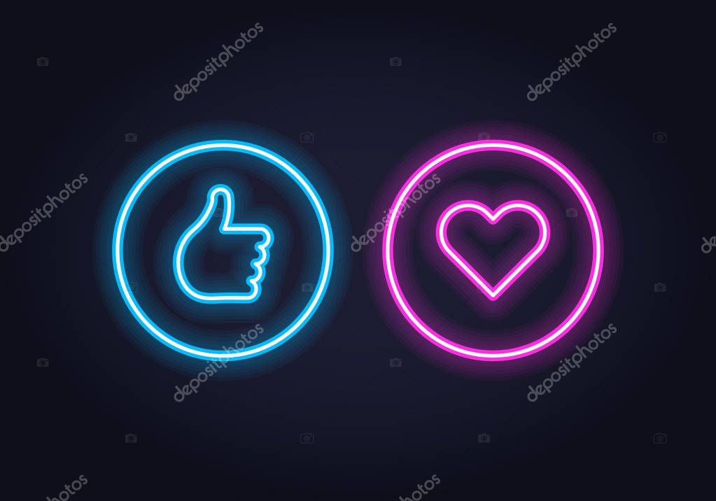 Vector neon icon set for social media. Thumb up and heart illuminated glowing symbol in circle frame isolated on black. Emoticon element of UI design for web, promotion, advertisment.