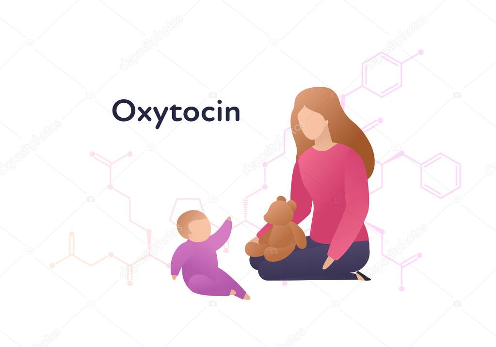 Vector hormones flat character banner template. Oxytocin structure with trendy style female plaing with baby on white. Hormone assosiated with bonding, care, love. Design for education, presentation.