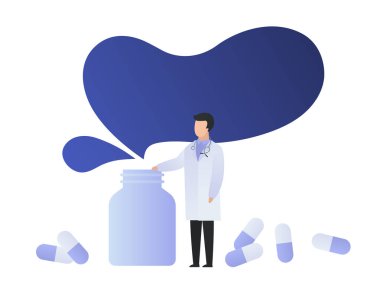 Vektör doktor ilaç reçete tasarım elemanı. Beyaz ceket üniformave beyaz hap şişesi erkek doktor düz karakter. Web, afiş, poster, sunum için konservatif tedavi kavramı.