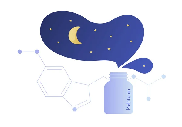 Vector modern melatonin treatment banner template. Blue gradient night sky illustration and hormone structure and drug bottle isolated on white. Concept of sleep disorder treatment, good dream. — Stock Vector