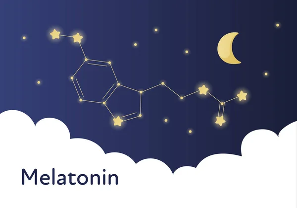 Vector moderne melatonine behandeling banner sjabloon. Blauwe gradiënt Night Sky illustratie met molecula structuur in Constellation geïsoleerd op witte achtergrond. Concept van slaapstoornis behandeling. — Stockvector