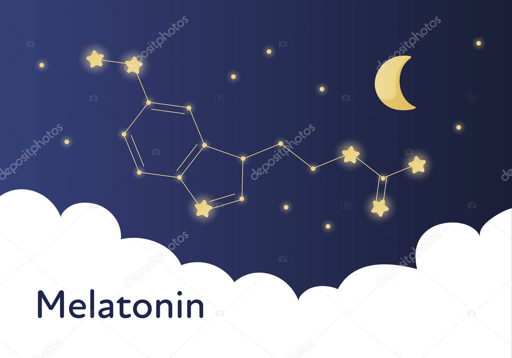 Vector modern melatonin treatment banner template. Blue gradient night sky illustration with molecula structure in constellation isolated on white background. Concept of sleep disorder treatment.