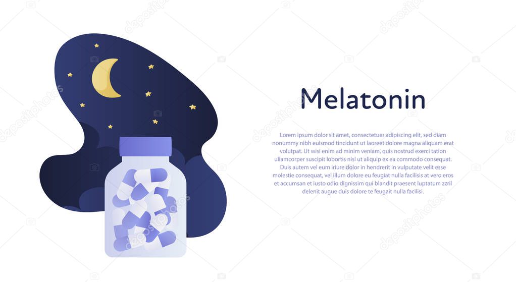 Vector modern medication banner template. Blue gradient color fluid shape night sky illustration with bottle of pills isolated on white background and text holder. Concept of sleep disorder treatment.