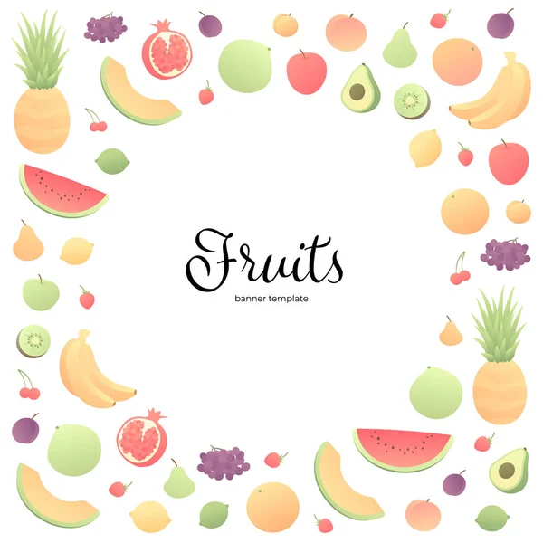 Banner de frutas veggy de color vectorial. Marco de círculo plano de estilo moderno de frutas con lugar para texto aislado sobre fondo blanco. Diseño para póster, telón de fondo, web, verano, menú vegetariano, vitaminas . — Archivo Imágenes Vectoriales