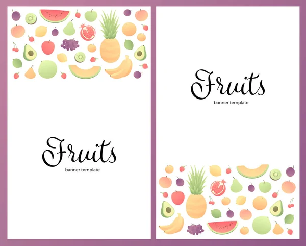Διανυσματικά χρωματιστά φρούτα, σετ από αφίσες. Μοντέρνο στυλ κατακόρυφου επίπεδου πλαισίου φρούτων με περιγράμματα απομονωμένα σε λευκό φόντο. Σχεδιασμός για πανό, φόντο, ιστός, καλοκαίρι, μενού Χορτοφαγική, βιταμίνες. — Διανυσματικό Αρχείο