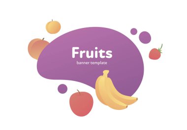 Vektör meyve modern sıvı afiş. Beyaz arka plan üzerinde izole mor sıçrama şekli çerçeve renkli sulu gradyan meyveler. Poster, web, vejetaryen menü, fon, poster, kart için tasarım illüstrasyon