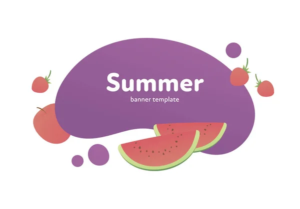 Vektorfrucht moderne Flüssigkeit Banner. bunte Sommergradienten Früchte auf violettem Spritzer Form Rahmen isoliert auf weißem Hintergrund. Designillustration für Plakat, vegetarisches Menü, Hintergrund, Poster, Karte — Stockvektor