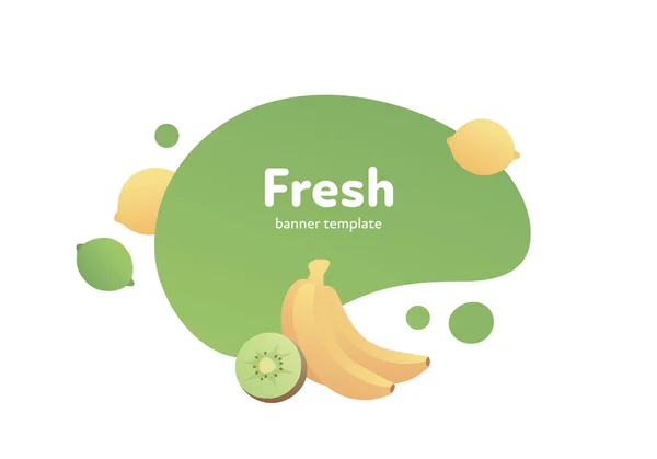 Banner fluido moderno de frutas vetoras. Frutas frescas coloridas em forma de salpico verde, isoladas sobre fundo branco. Ilustração de design para cartaz, web, menu vegetariano, pano de fundo, cartaz, cartão — Vetor de Stock