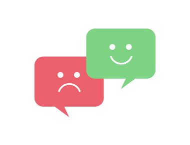 Vektör düz ifade sembolü. Kızgın ve mutlu duygular ile kabarcıklar konuşun. Farklı ruh hali, öfke, ruhsal bozukluklar (bipolar bozukluk veya depresyon gibi) illüstrasyon için Simgeler. Kırmızı ve yeşil simgeler.
