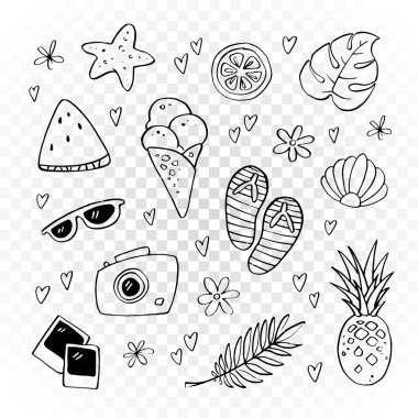 Vektör el çizilmiş anahat yaz simgesi seti. Reklam plaj tatil etkinlikleri, turizm için element tasarım. Siyah ve beyaz anahat meyve, turistik ekipman, çiçekler ve karatahta üzerinde kalpler.