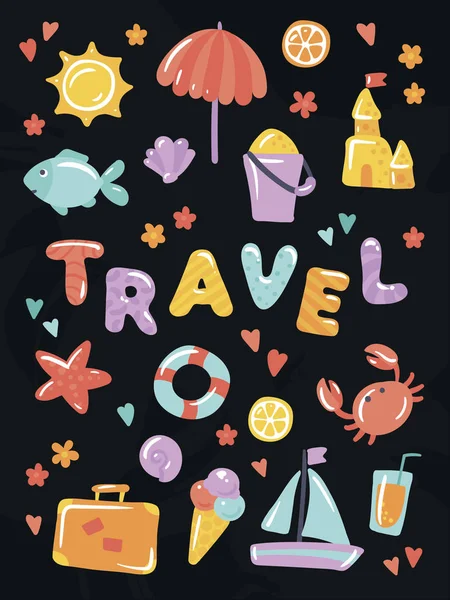 Travel Vector färgglada ikoner på svart. Set för strand semester och havs semester. Bestå av sol, paraply, sandslott, sjöstjärna, fisk, livboj, citron, krabba, resefodral, glass, cocktail, båt. — Stock vektor