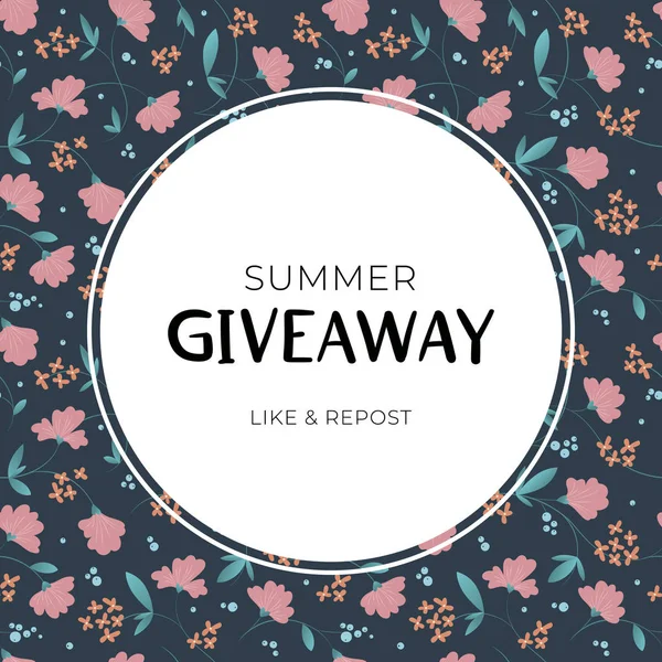 Giveaway Sommer Blumen Vektor Frame-Vorlage. Illustration mit grünen Blättern und rosa Blüten auf dunklem Hintergrund. Banner der Bescherung für Likes oder Werbung in sozialen Netzwerken. — Stockvektor