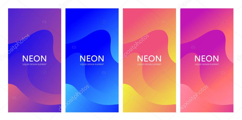 Set of abstract vector fluid modern minimal vertical background. Blend flowing shapes. Neon color gradient collection. design for backdrop, journal, magazine, presentation, flyer, card, invitation