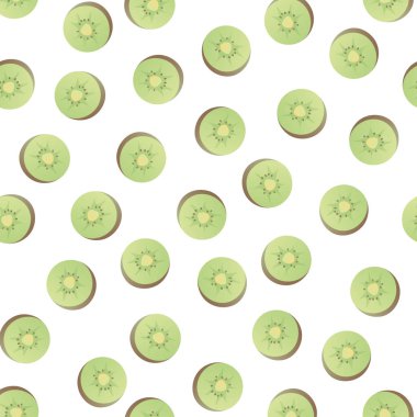 Vektör modern basit meyve dikişsiz desen. Beyaz arka plan üzerinde izole olgun taze kivi dilimleri Düzensiz kompozisyon. Dekoratif doku, tekstil, fon, ambalaj kağıdı için tasarım tekrarkar karo