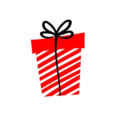 Giveaway vector illustration with gift int the box. Advertizing of giving present. Icon for gifts, presents, holidays, giveaway. Box with red and white stripes and black ribbon and bow. clipart