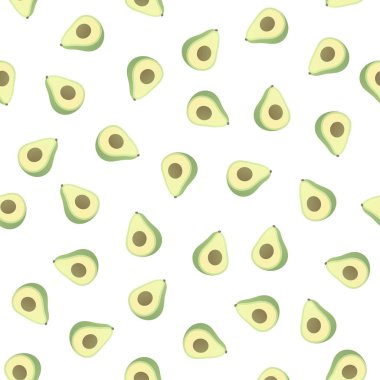 Vektör modern basit meyve dikişsiz desen. Beyaz arka plan üzerinde izole avokado dilimleri illüstrasyon düzensiz kompozisyon. Dekoratif doku, tekstil, fon, kağıt için tasarım tekrarkar karo.