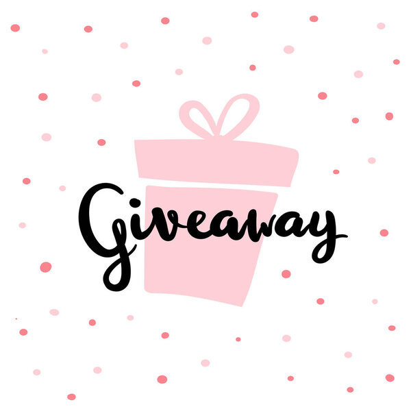 Отдавая плакат искушению для маркетинга социальных сетей (smm). Дизайн баннера для продвижения аккаунта в социальной сети путем дарения подарка. Рисунок каллиграфической иллюстрации с фразой "Выдача"
".