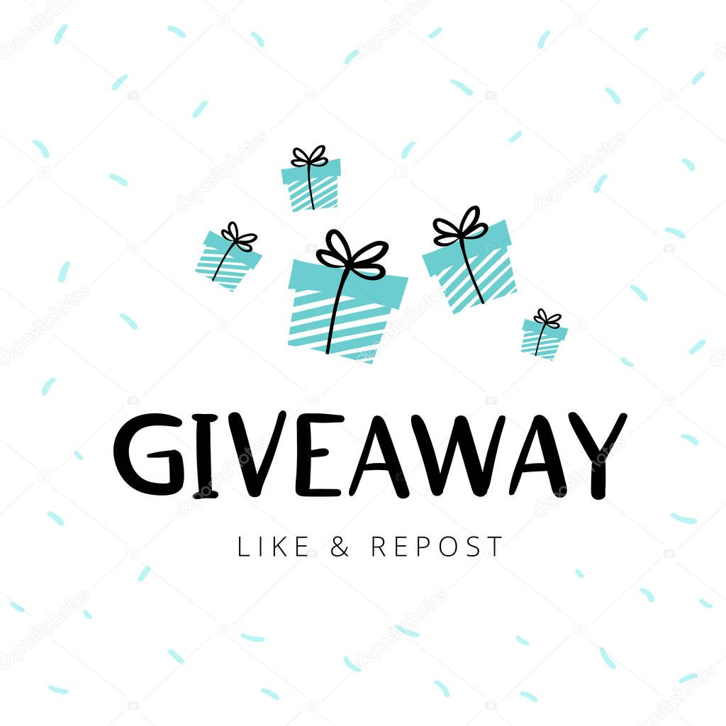 Giveaway vector illustration for promotion in social network. Advertizing of giving present fo like or repost. Decoration banner for business account. Text 