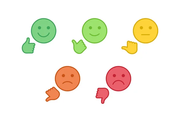 Vector feedback Survey platte icon set. Vijf kleur glimlach met hand duim symbool geïsoleerd op witte achtergrond. Ontwerpelement voor marketing onderzoek, klant testimonail, vragenlijst respons, Web — Stockvector