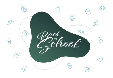 Vektör yatay sıvı geri okul modern afiş için. Beyaz arka plan üzerinde eğitim simgeleri ile gradyan trendy sıvı yeşil şekil. Davet, reklam, poster, sunum için tasarım öğesi