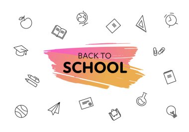 Vektör yatay geri okul modern afiş için. Beyaz arka plan üzerinde ayarlanmış sarf malzemeleri simgesi ile handdrawn trendy fırça kontur şekli. Davet, reklam, kart, poster, sunum için tasarım öğesi