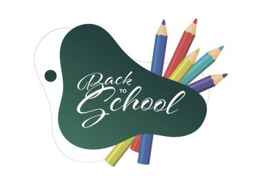 Vektör yatay sıvı geri okul modern afiş için. Beyaz arka plan üzerinde ayarlanmış renkli kalem ile Gradyan trendy sıvı yeşil şekil. Sanat yaratıcı kurslar için tasarım öğesi, sanatsal atölye