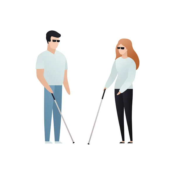 Názorný příklad vektorového nevidomého člověka. Dvojice mužů a žen v brýlích s hůlkou, stojící na bílém pozadí. Moderní návrhových prvků sociální péče, rozmanitost přátelství — Stockový vektor
