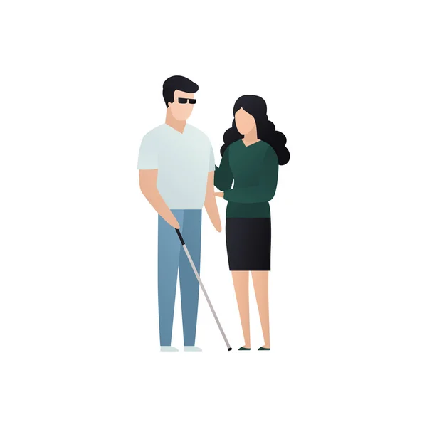 Personaje ciego vectorial personas ilustración plana. Mujer adulta ayuda de un hombre en gafas con palo aislado sobre fondo blanco. Elemento de diseño moderno para el servicio de atención social, diversidad, accesibilidad — Vector de stock