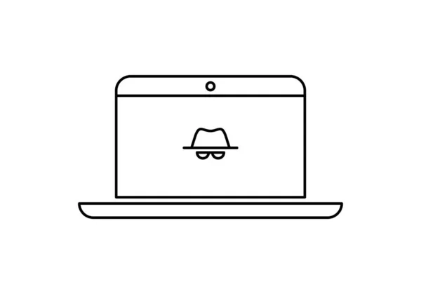Pictogram vector overzicht anoniem. Een incognito gezicht in hoed en bril op laptop scherm geïsoleerd op witte achtergrond. Concept van web VPN service, cyberveiligheid en diefstal, fraudebescherming, hacker. — Stockvector