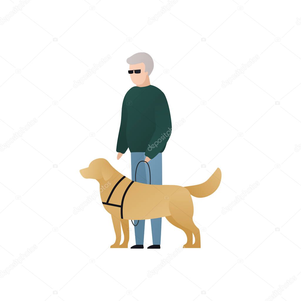 Vector blind character people flat illustration. Pair of senior man and guide dog stand isolated on white background. Modern design element for social care service, diversity, accessebility, guidance