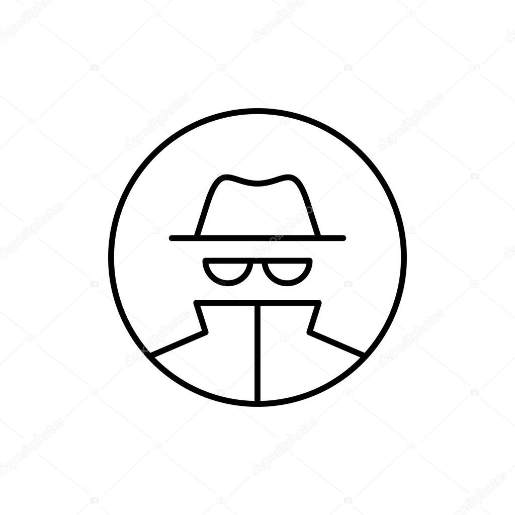 Vector outline anonymous icon. An incognito person in hat and glasses in circle frame isolated on white background. Concept of anonymity, agent detective, theft, fraud protection, hacker activity.