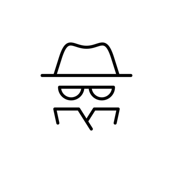 Vector outline anonymous icon. An incognito person in hat and glasses in coat isolated on white background. Concept of anonymity, agent detective, theft, fraud protection, hacker activity. — Stock Vector