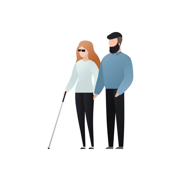 Personaje ciego vectorial personas ilustración plana. Mujer adulta en gafas con bastón caminando con hombre aislado sobre fondo blanco. Elemento de diseño moderno para el servicio de atención social, diversidad, accesibilidad — Vector de stock