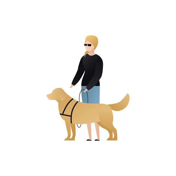 Vektor blinden Charakter Menschen flache Illustration. Paar Hündinnen mit Brille, die mit Blindenhund auf weißem Untergrund spazieren gehen. modernes Gestaltungselement für soziale Betreuung, Vielfalt, Zugänglichkeit, Orientierung — Stockvektor