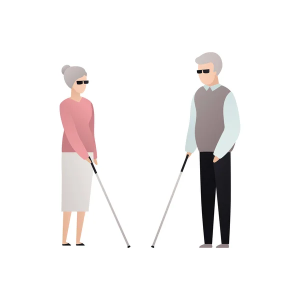 Vector blind karakter mensen platte illustratie. Een paar van senior man en vrouw in glazen met stok staande geïsoleerd op witte achtergrond. Modern design element voor Social Care service, Relatioship — Stockvector