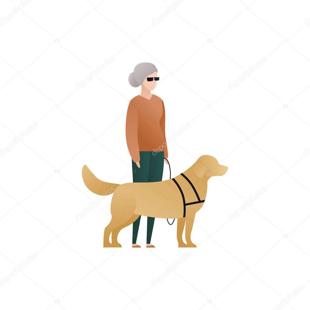 Vector blind character people flat illustration. Pair of old woman walking and guide dog isolated on white background. Modern design element for social care service, diversity, accessebility, guidance