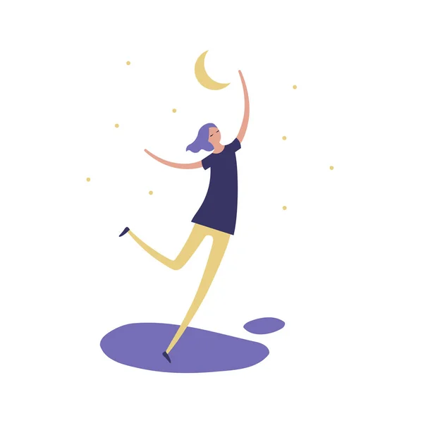 Vector pessoa sonho ilustração moderna. Estilo moderno sobre a lua dança feminina isolado em forma de céu azul noite. Conceito de sonhar, sucesso, felicidade, caminho, melhorar, alegre, vida rica — Vetor de Stock