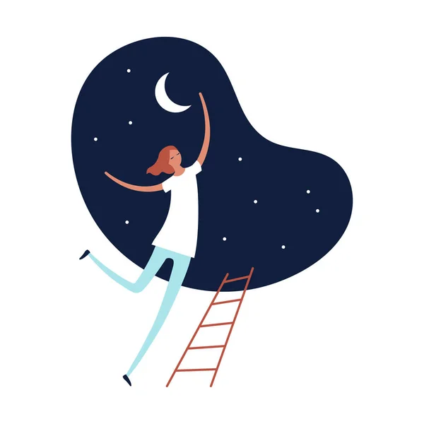 Persona vectorial sueño ilustración moderna. Estilo de moda femenina en vestido volar a la estrella y escalera aislada en forma de cielo azul noche. Concepto de ensueño, éxito, felicidad, camino, mejorar — Vector de stock