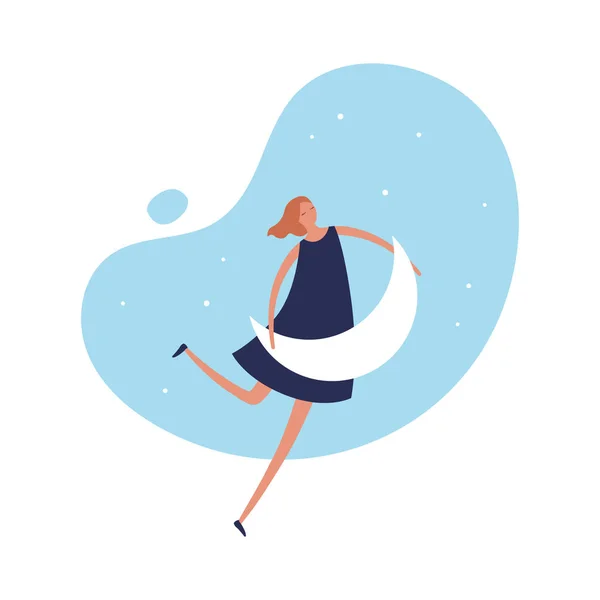 Vector pessoa sonho ilustração moderna. Estilo moderno feminino feliz na dança vestido segurando lua isolada em forma de céu azul noite. Conceito de sonhar, sucesso, felicidade, caminho, melhorar, alegre — Vetor de Stock