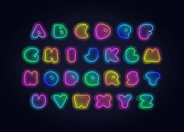 Vektor modern syra Neon Fluid Font. Alfabetet. Klarblå, grön, rosa, lila gradient glödande bokstäver med vätske former isolerade på svart bakgrund. Design element för dekoration, webb, reklam — Stock vektor