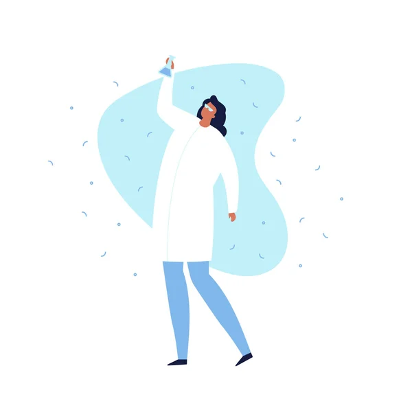 벡터 현대 과학자 캐릭터 그림입니다. 흰색 배경에 고립 된 파란색 유체 모양에 파란색 액체튜브를 들고 흰색 코트에 평평한 여성. 발견의 개념, 아이디어. 디자인 요소. — 스톡 벡터