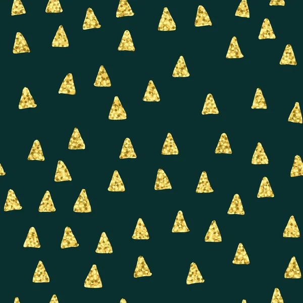 Vektor abstrakt sömlöst mönster. Handritade Glow pailette guldtrianglar isolerade på grön bakgrund. Design dekorativa upprepa kakel för textil, textur, omslagspapper, dekor, banner, affisch. — Stock vektor