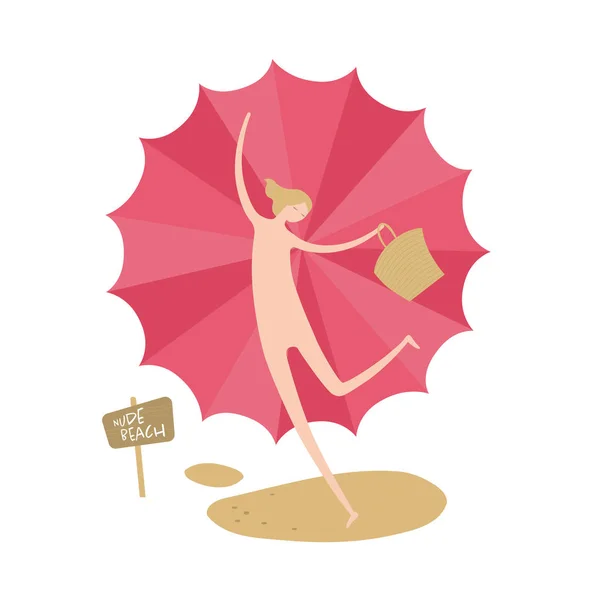 Vector woman person nudist banner element. Beach theme. Modern style flat joy female holding bag and umbrella isolated on white. Design for summer holiday, vacation, trip — Stock Vector