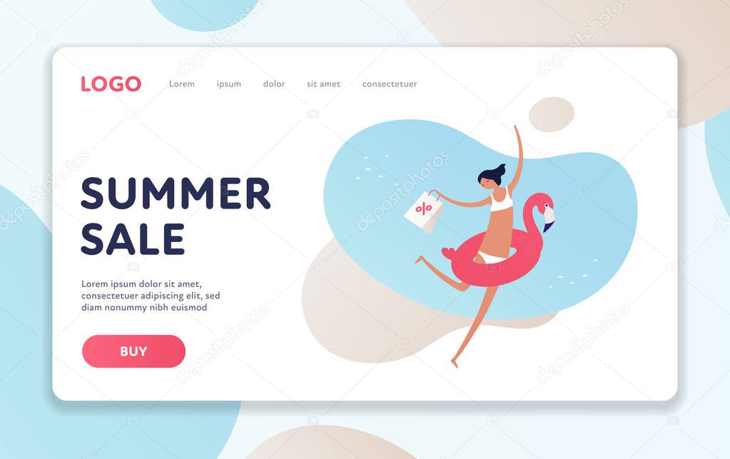 Vector sale woman person banner template. Beach theme. Modern style flat happy female character in swimsuit a bag on fluid shape background. Design for summer shopping sale event, flyer, offer, promo.