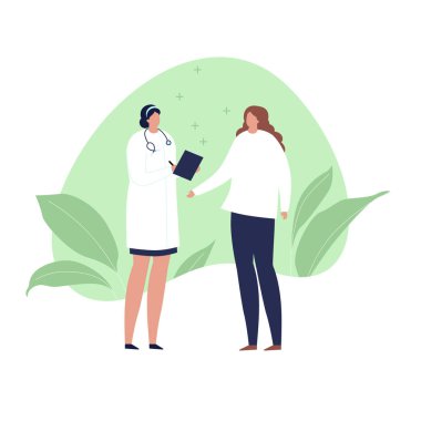 Vektör modern düz doktor ve hasta illüstrasyon. Stetoskop ve beyaz arka plan üzerinde izole yaprak ile yeşil sıvı şekli üzerinde kadın konuşmak ile Medic. Tasarım elemanı healtcare, tıbbi klinik.