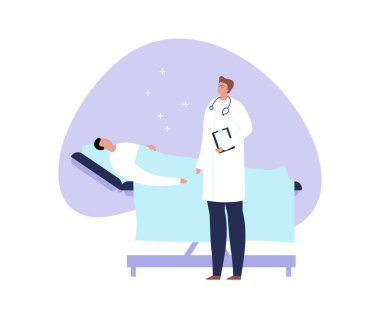 Vektör modern düz doktor ve hasta illüstrasyon. Medic beyaz arka plan üzerinde izole mavi sıvı şekli üzerinde hastane yatağında erkek döşeme ile konuşuyor. Tasarım elemanı healtcare, tıbbi klinik.