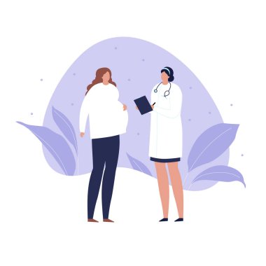 Vektör modern düz doktor ve hasta illüstrasyon. Beyaz arka planda izole mavi sıvı şeklinde hamile kadın ile konuşurken kadın doktor. Tasarım elemanı healtcare, tıbbi klinik, jinekoloji