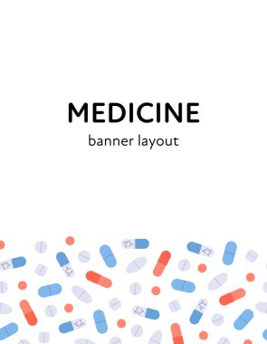 Vektör düz renk hap afiş çerçeve. Renkli kırmızı, mavi, sarı, beyaz haplar metin ile yatay kenarlık beyaz arka plan üzerinde izole. Tıbbi ilaç web, poster, reklam için tasarım elemanı.